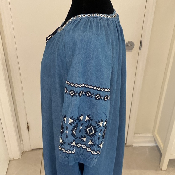 CHAMBRAY Blue Embroidered Peasant Boho Dress puff sleeves sleeve size X-Large - Picture 9 of 16